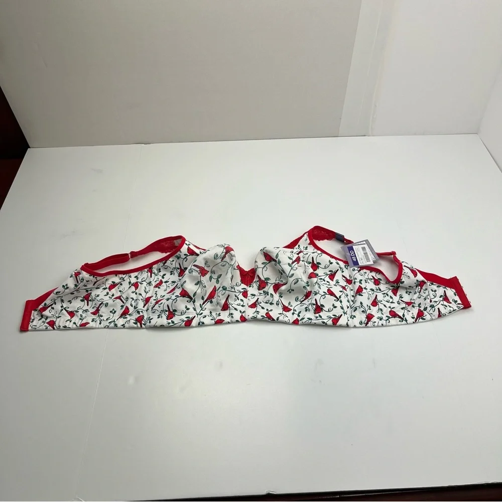 Catherines Intimates No Wire Cotton Comfort White Red Cardinal Bra Size 48DD NEW